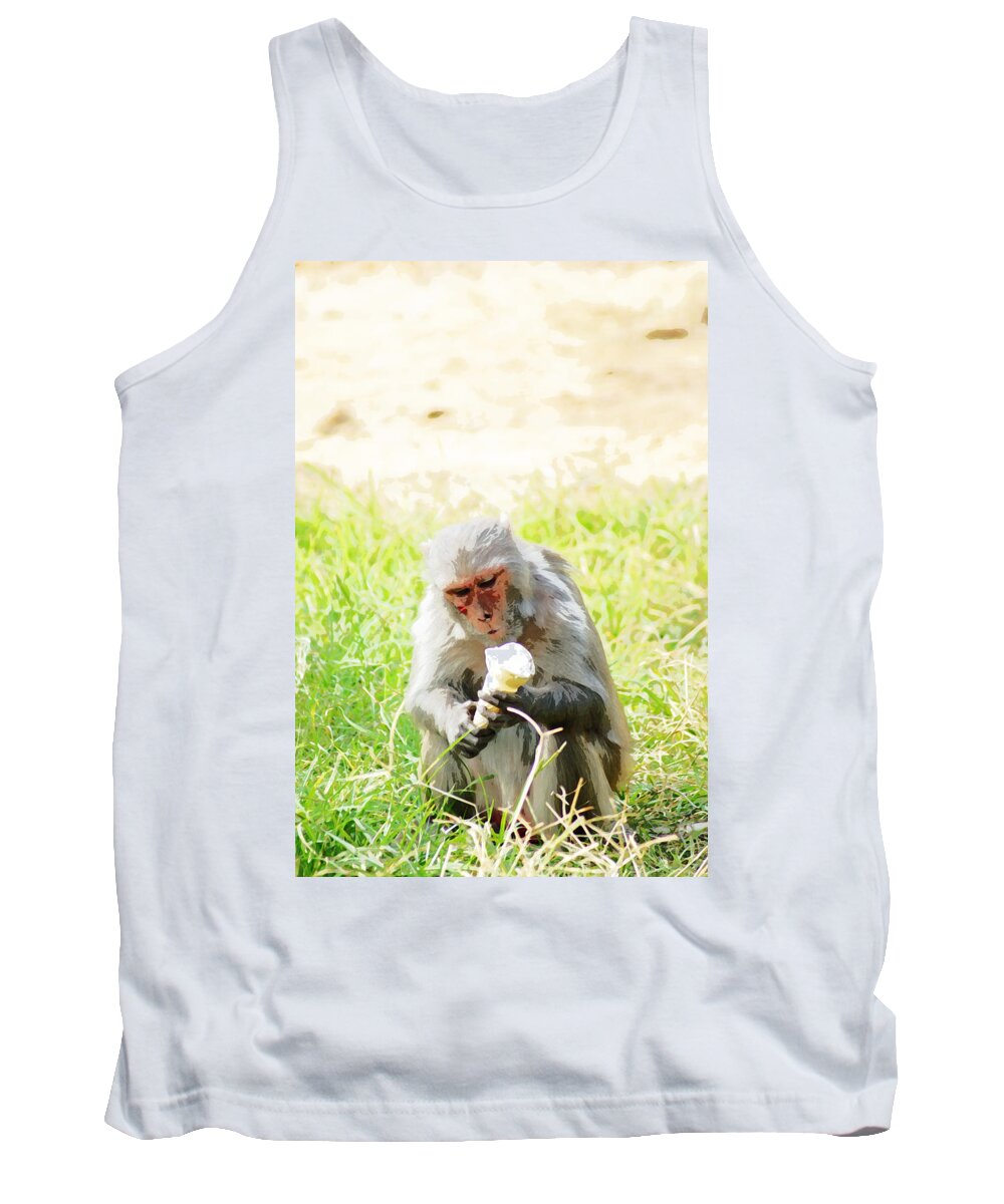 Monkey Tank Top featuring the digital art Oil Painting - A monkey eating an ice cream by Ashish Agarwal