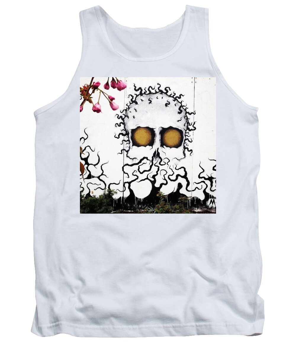 Streetart Tank Top featuring the photograph Painted Skull, Real Flowers #streetart by Allan Piper