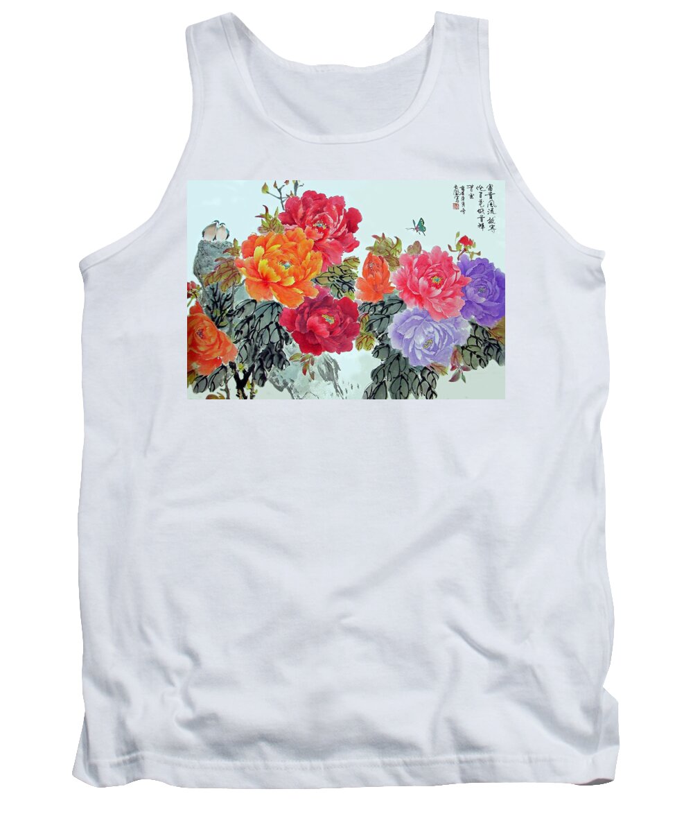 Red Peonies Tank Top featuring the photograph Peonies and Birds by Yufeng Wang