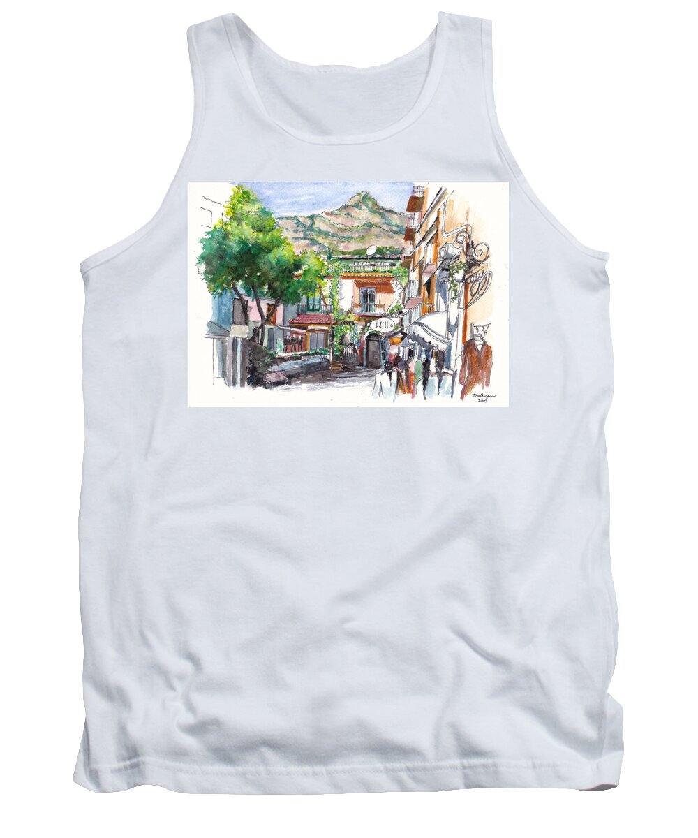 Amalfi Tank Top featuring the painting Positano Boutiques on the Amalfi Coast of Italy by Dai Wynn