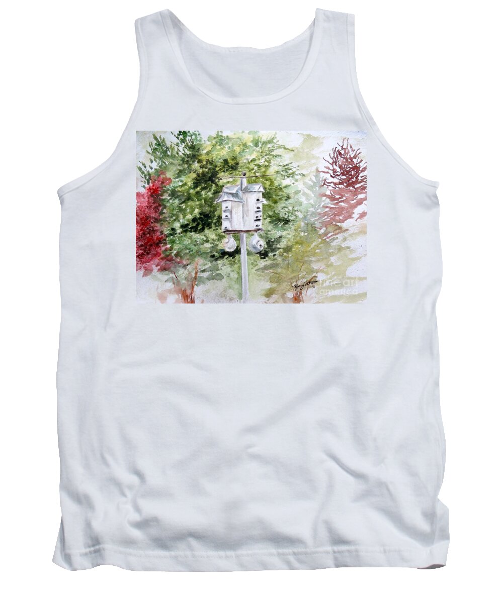 Purple Martin Bird House Tank Top featuring the painting Purple Martin Townhouse by Nancy Patterson