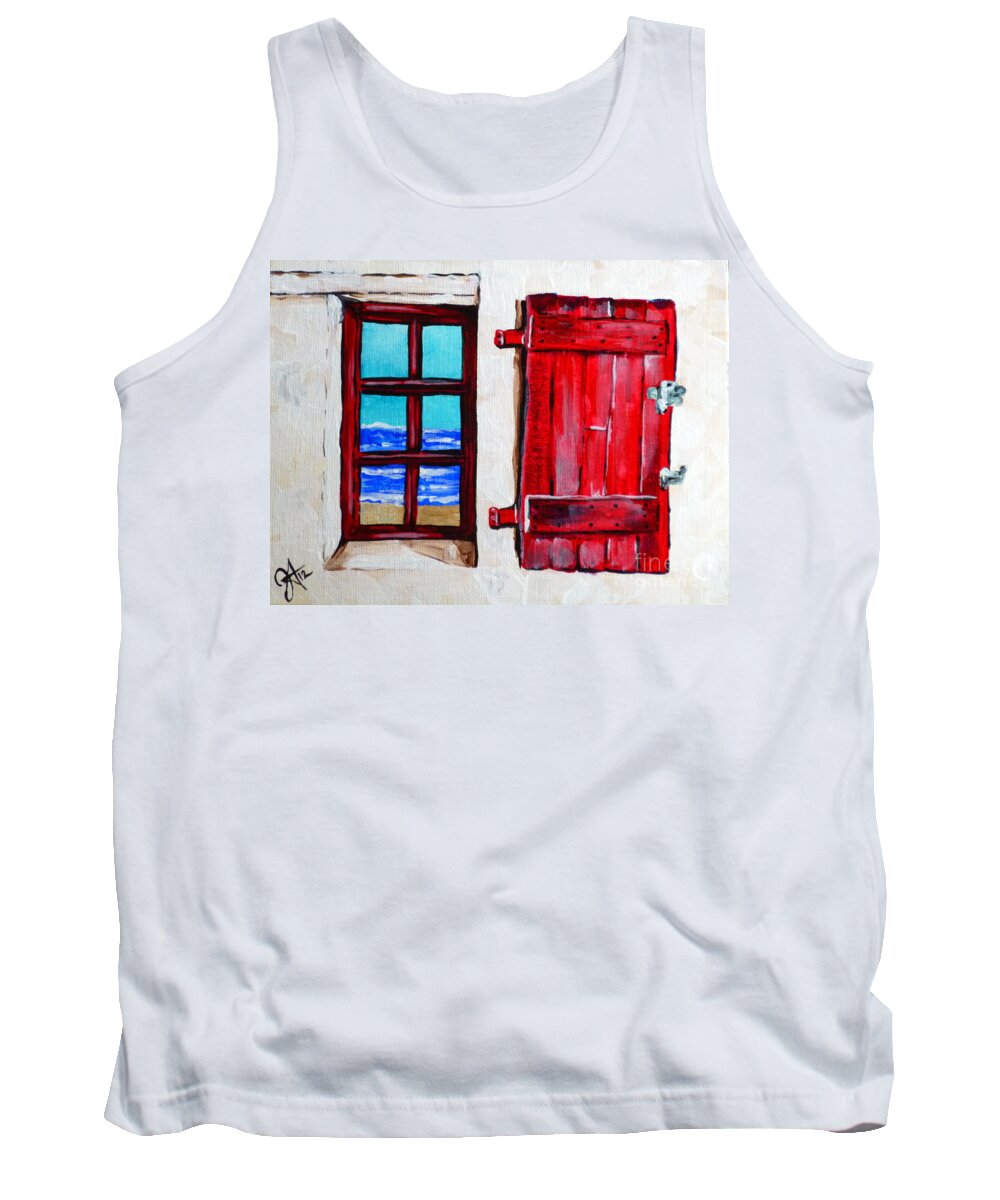Red Tank Top featuring the painting Red Shutter Ocean by Jackie Carpenter