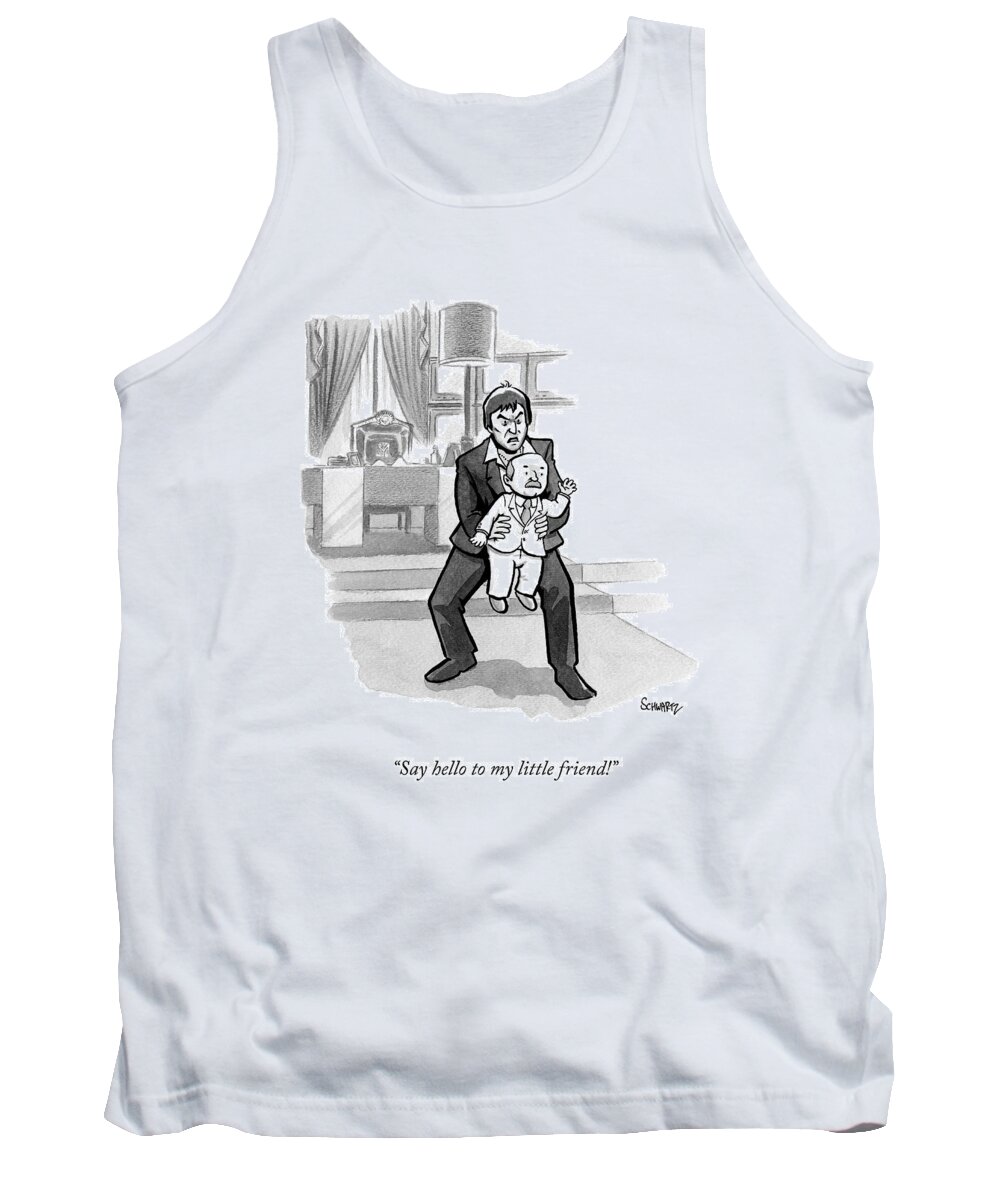 Scarface Tank Top featuring the drawing Scarface Holds A Tiny Man In His Hands by Benjamin Schwartz
