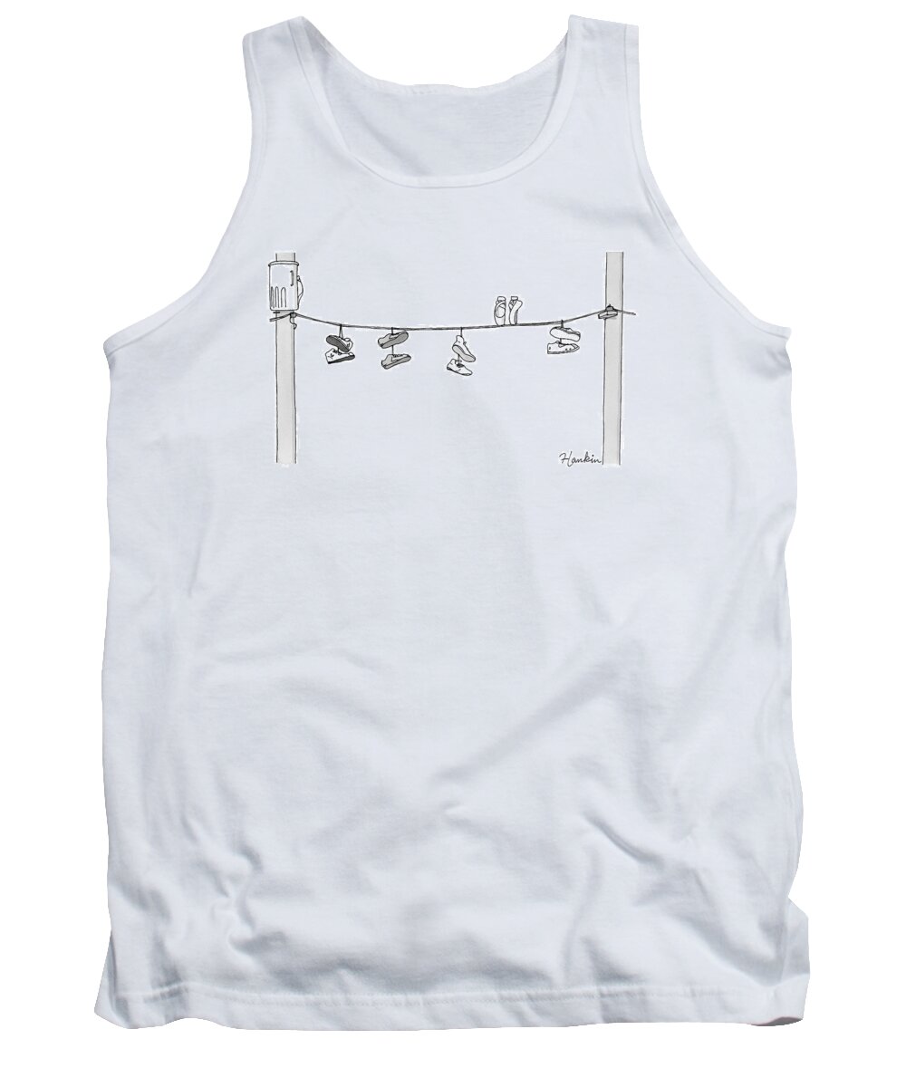 Captionless Tank Top featuring the drawing Several Pairs Of Shoes Dangle Over An Electrical by Charlie Hankin