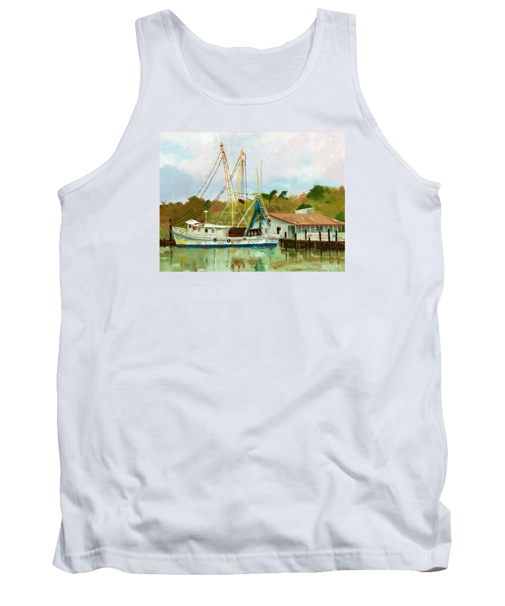 Shrimp Boat Tank Top featuring the painting Shrimp Boat at Dock by Jill Ciccone Pike