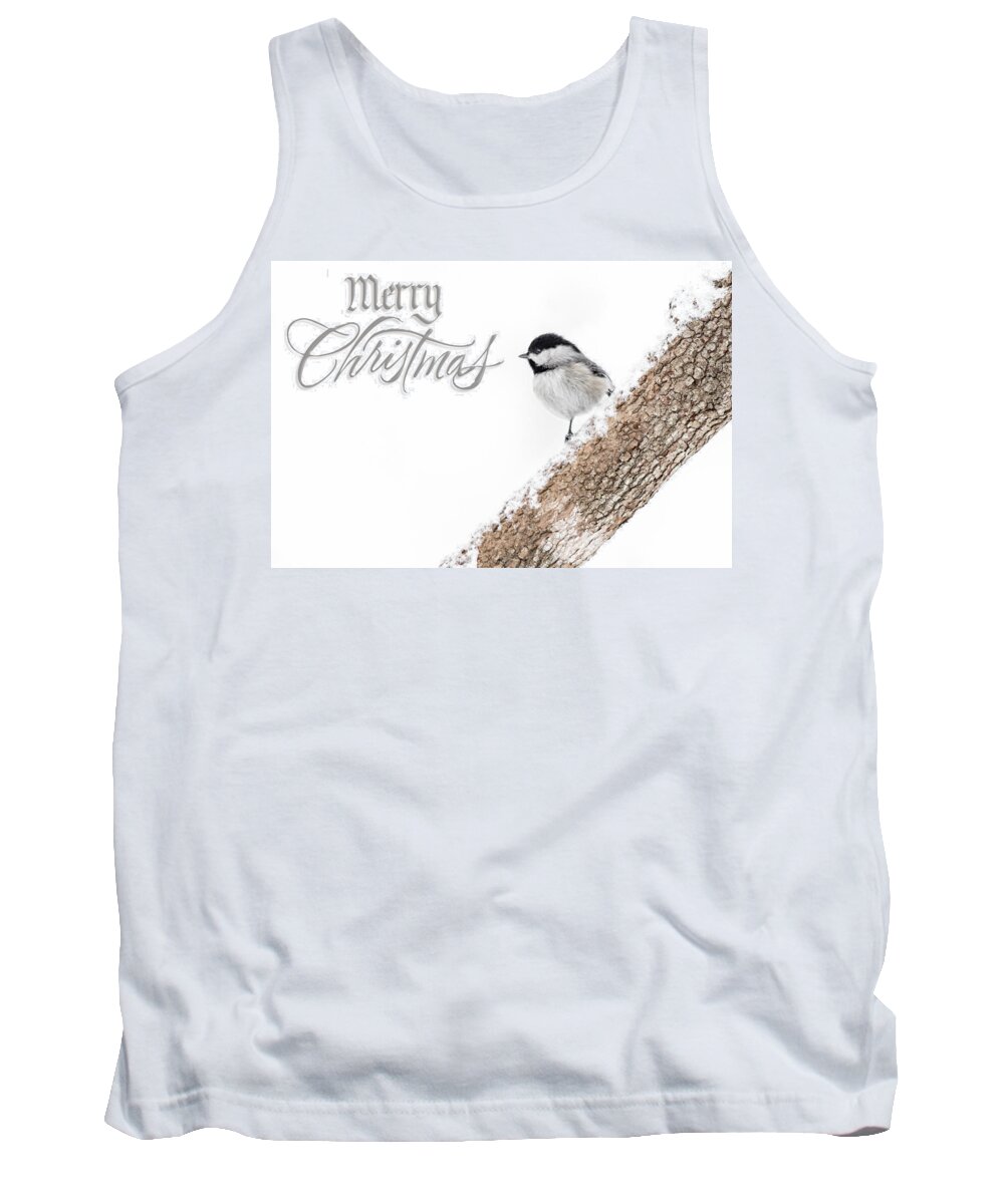 K-30 Tank Top featuring the photograph Snowy Chickadee Christmas Card by Lori Coleman