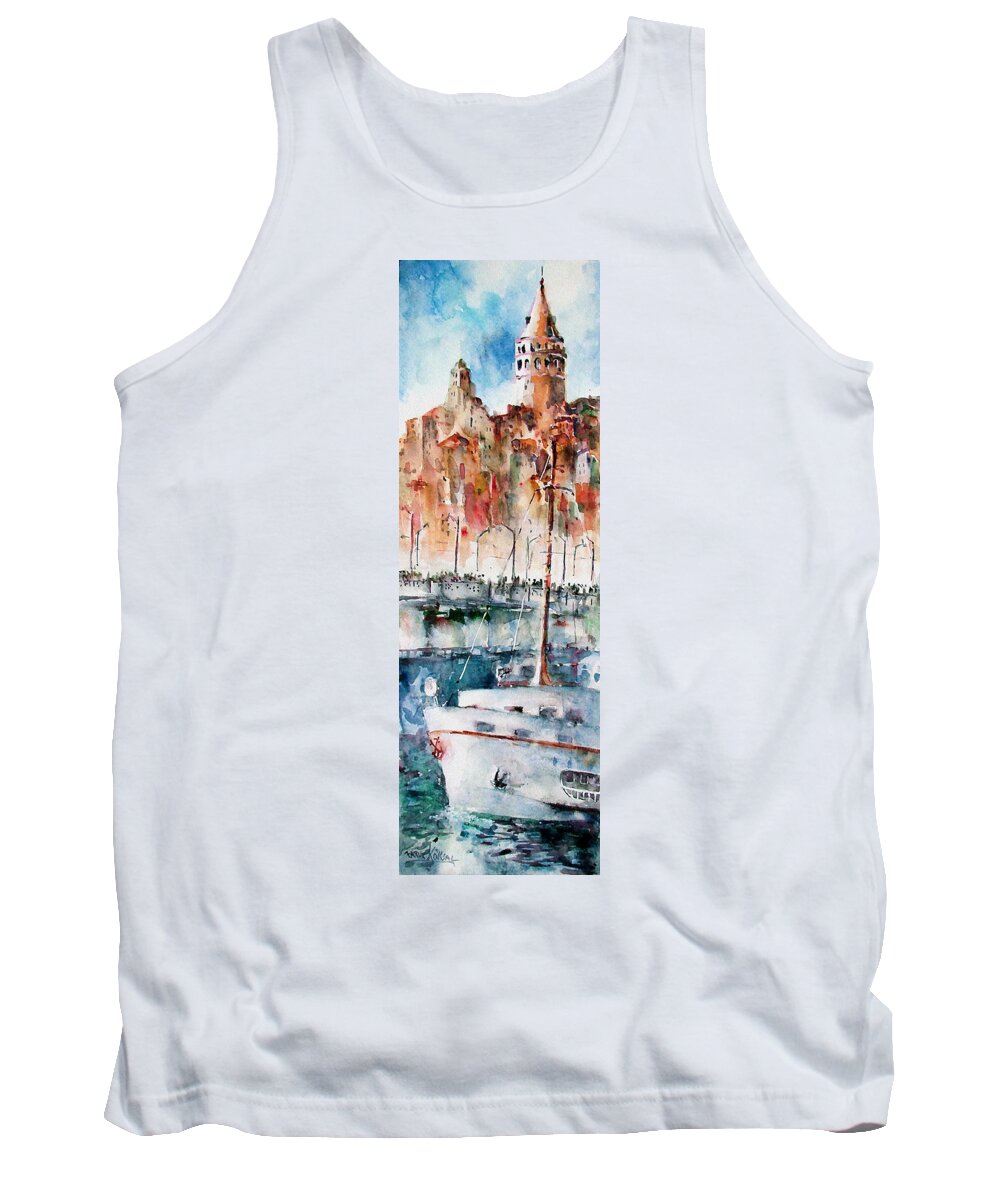 Turkey Tank Top featuring the painting The Ferry Arrives at Galata Port - Istanbul by Faruk Koksal