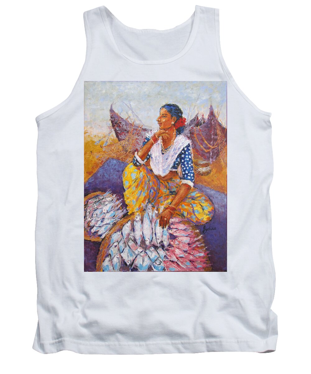 Fish Tank Top featuring the painting The Fisherwoman by Jyotika Shroff