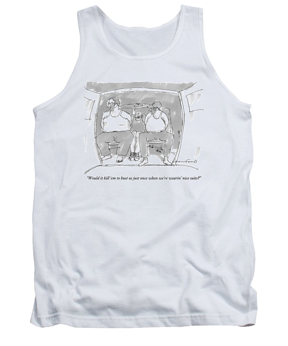 Crime Tank Top featuring the drawing Three Handcuffed Men In Pajamas Talk In The Back by Michael Crawford