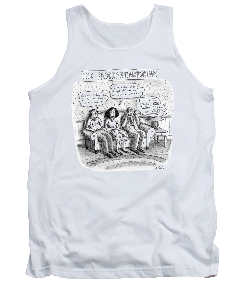 Couch Tank Top featuring the drawing Three People Sit On A Couch Next To An End Table by Roz Chast