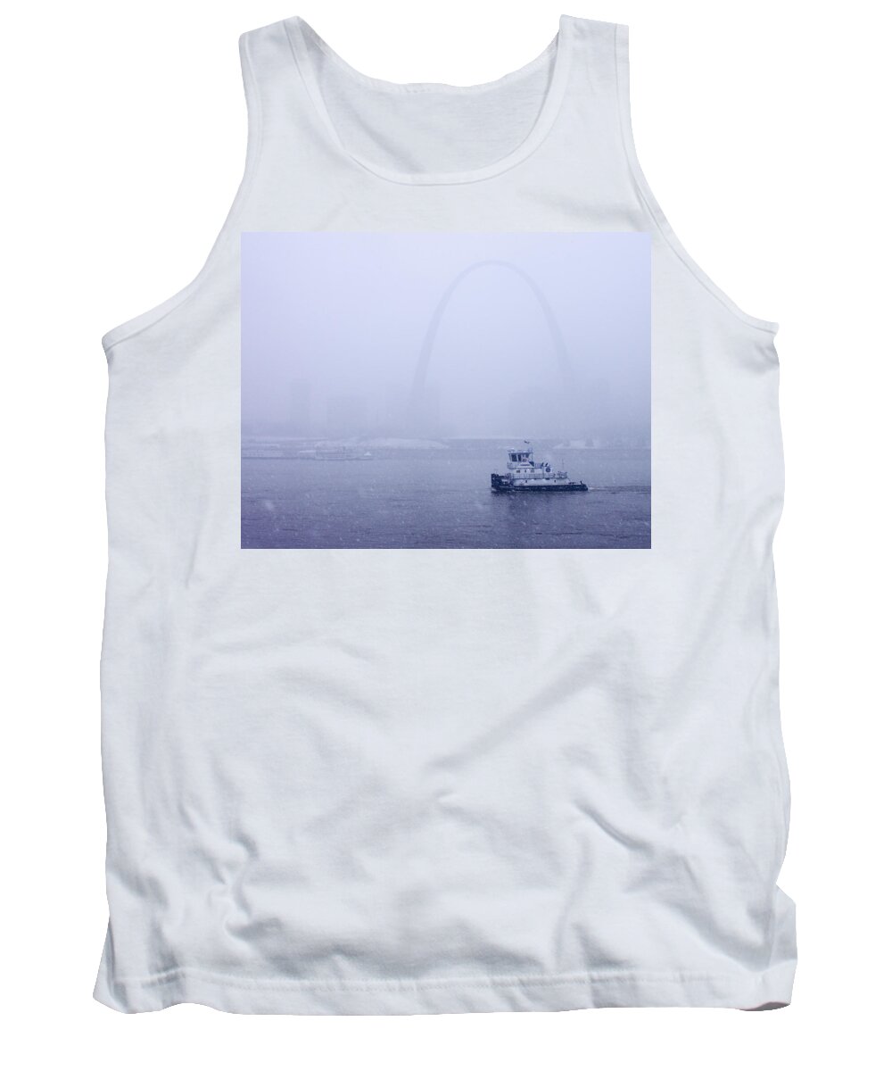 St Louis Tank Top featuring the photograph Towboat Working in the Snow St Louis by Garry McMichael