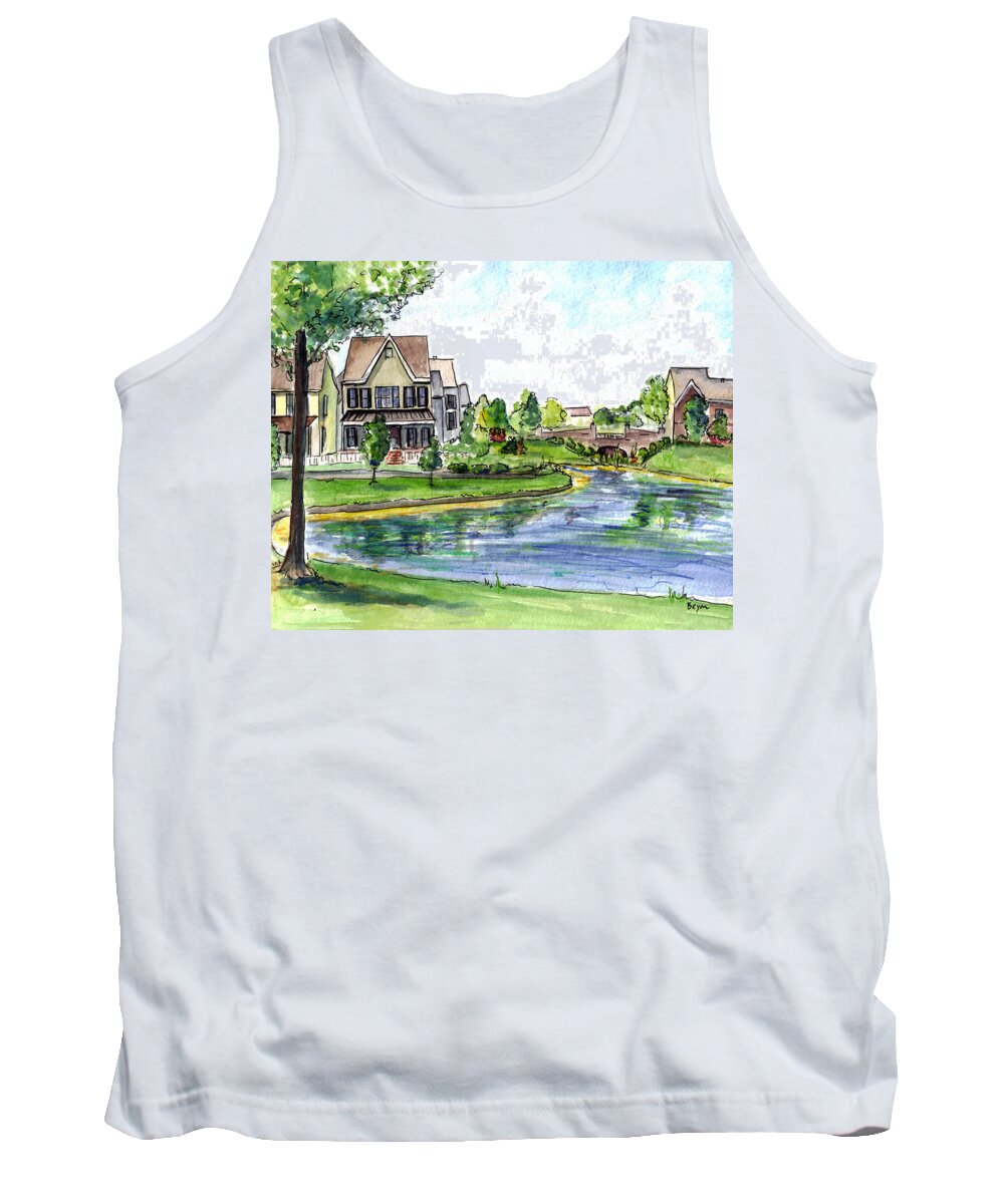 Robbinsville Towne Tank Top featuring the painting Towne Center by Clara Sue Beym