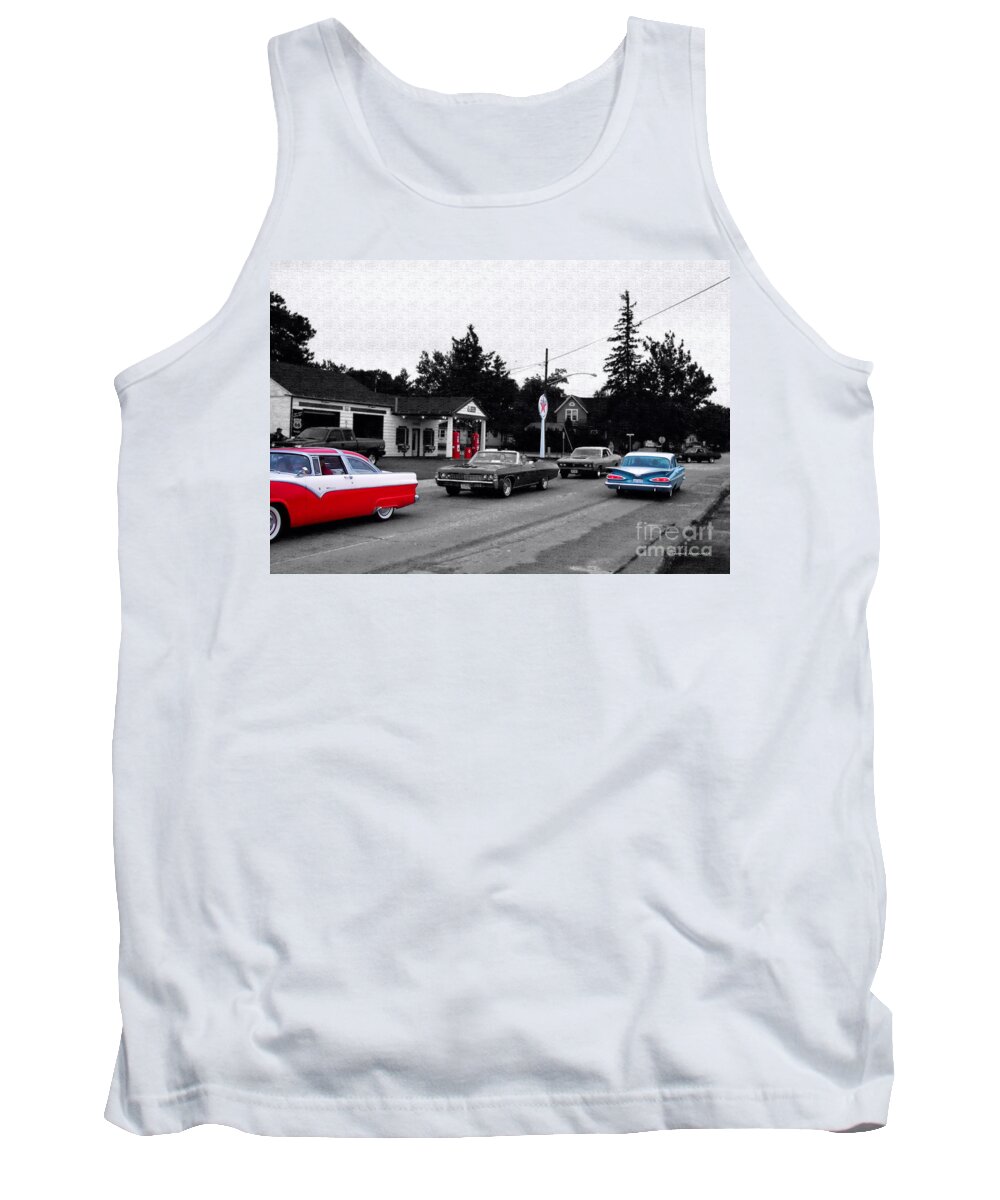 Selective Coloring Tank Top featuring the photograph Traffic On Route 66 Dwight IL Selective Coloring Digital Art by Thomas Woolworth