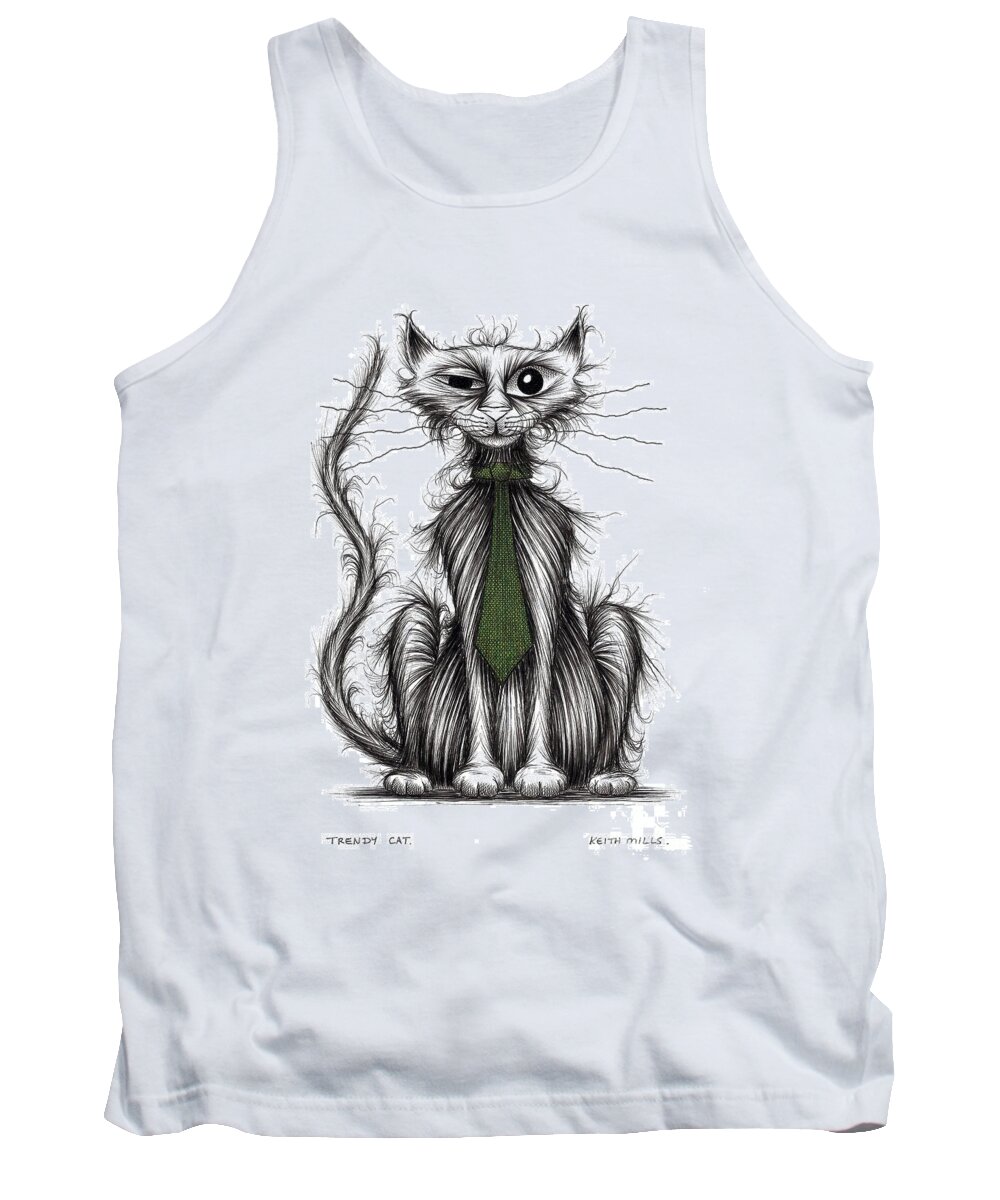 Cat Tank Top featuring the drawing Trendy cat by Keith Mills