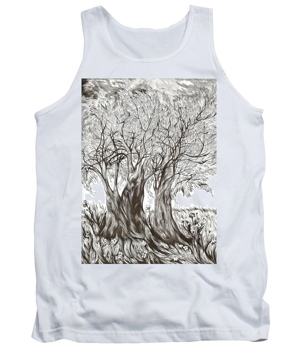 Pen And Ink Tank Top featuring the drawing Tuscany Olives by Anna Duyunova