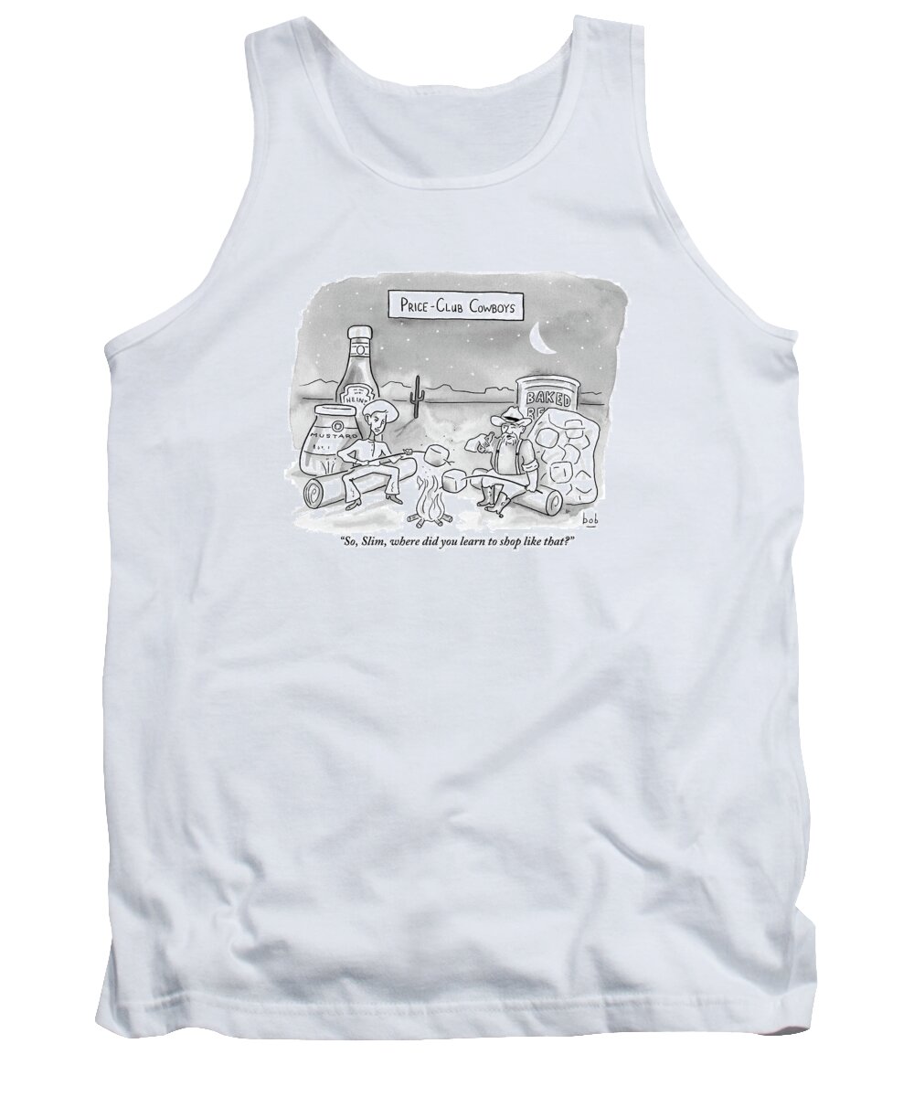 Costco Tank Top featuring the drawing Two Cowboys Sit By A Campfire by Bob Eckstein