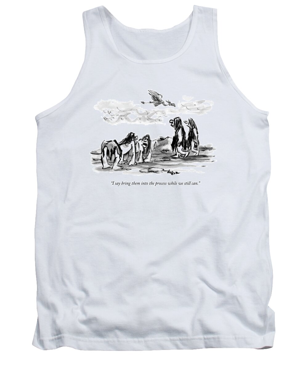 Neanderthal Tank Top featuring the drawing Two Cro-magnons Walk By Two Hunched And More by Lee Lorenz