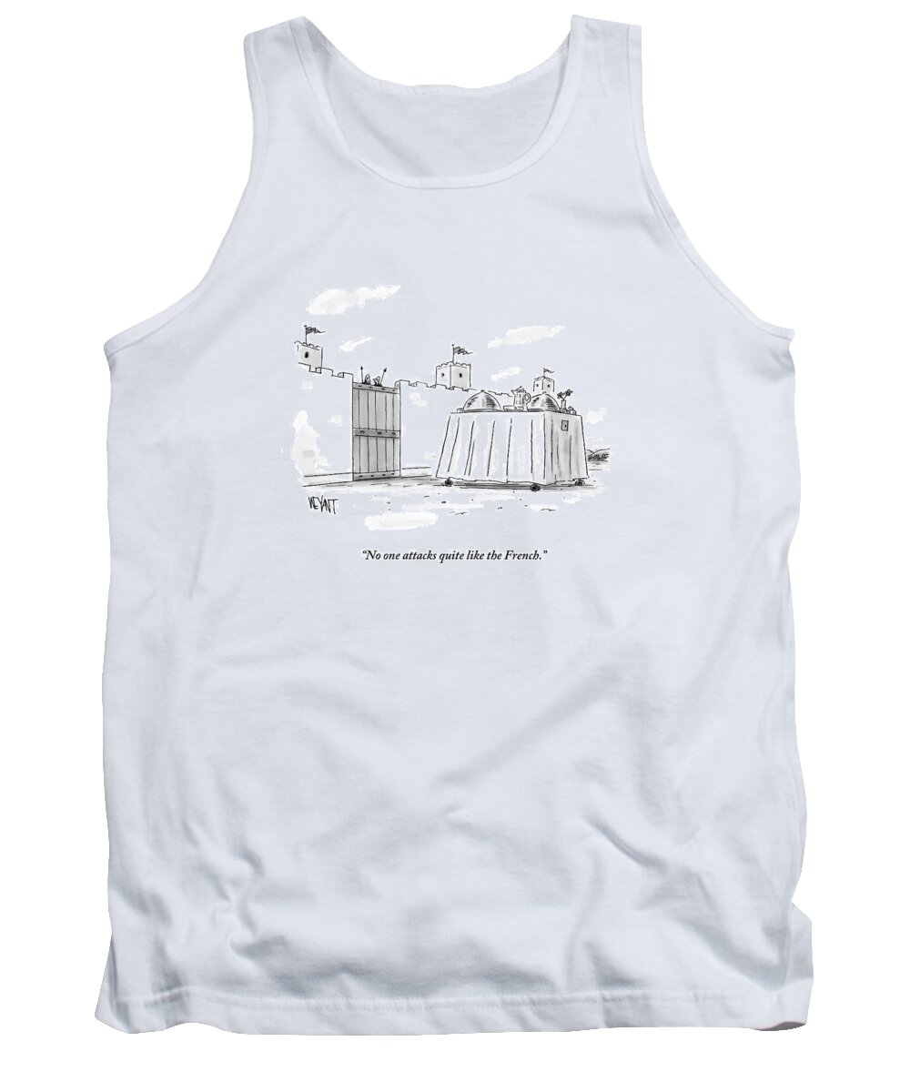 Trojan Horse Tank Top featuring the drawing Two Guards Talk To Each Other As A Giant Room by Christopher Weyant