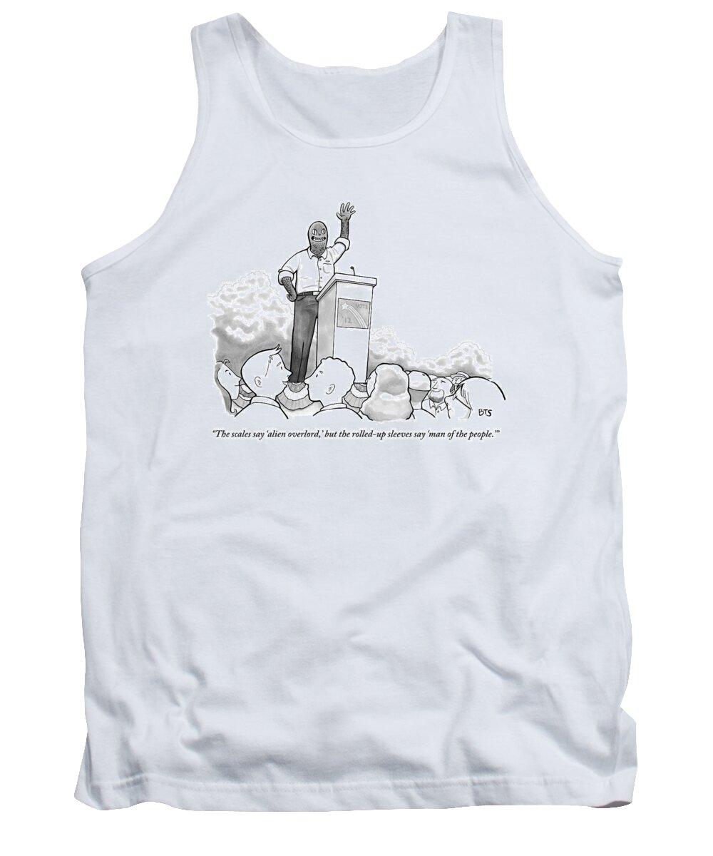 Politicians-speeches Tank Top featuring the drawing Two Men Speak In Foreground As Alien Politician by Benjamin Schwartz