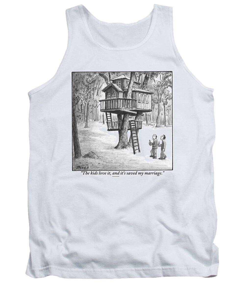 Treehouses Tank Top featuring the drawing Two Men With Beers Are Seen Walking Towards by Harry Bliss