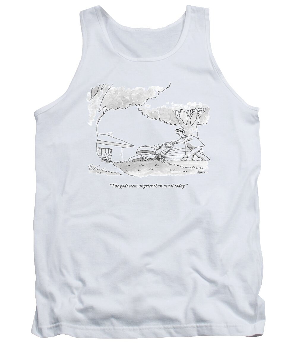 Bugs Tank Top featuring the drawing Two Small Bugs Are Talking About A Lawn Mower by Jack Ziegler