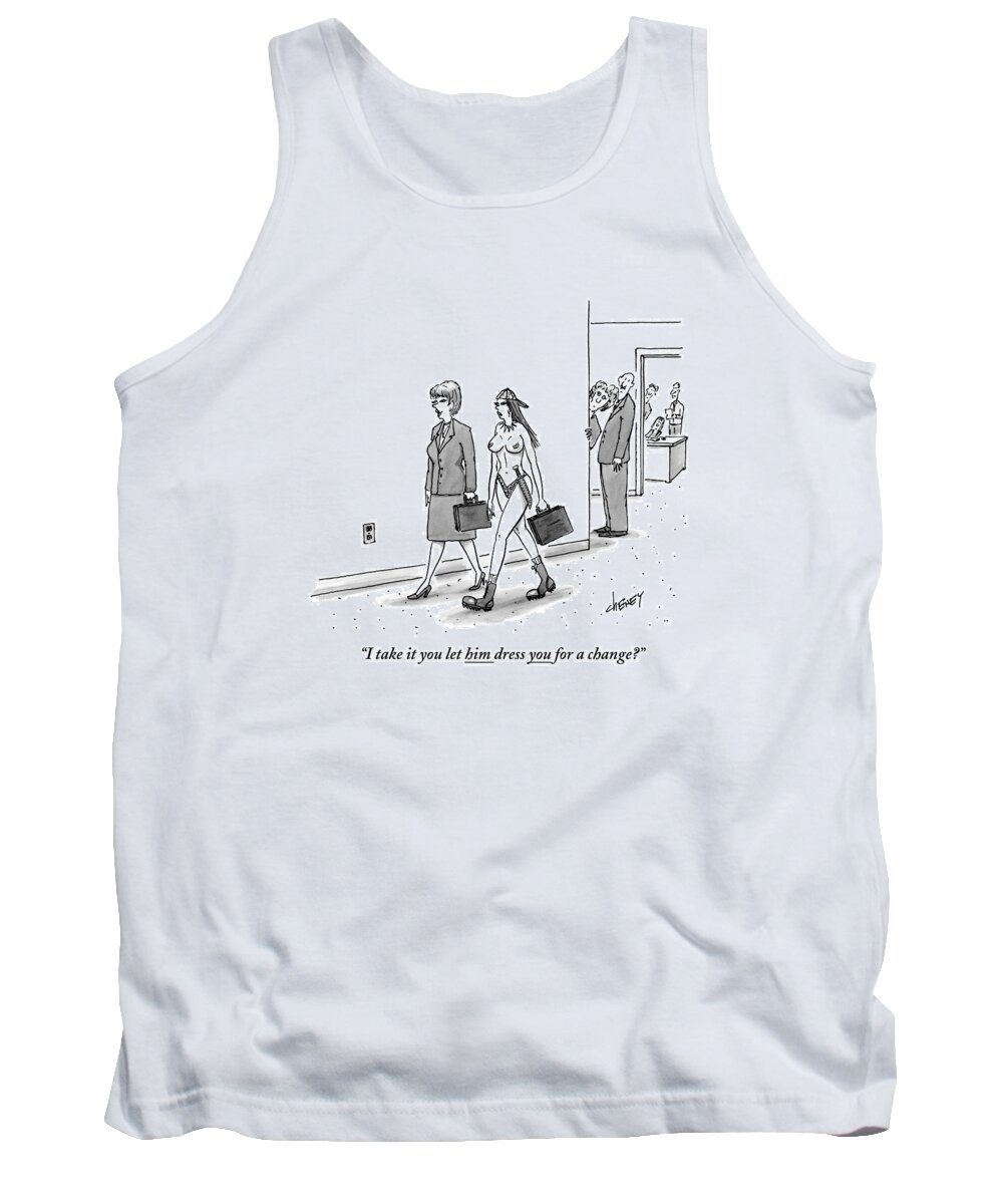Woman Tank Top featuring the drawing Two Women With Briefcases Walk Down A Hallway by Tom Cheney