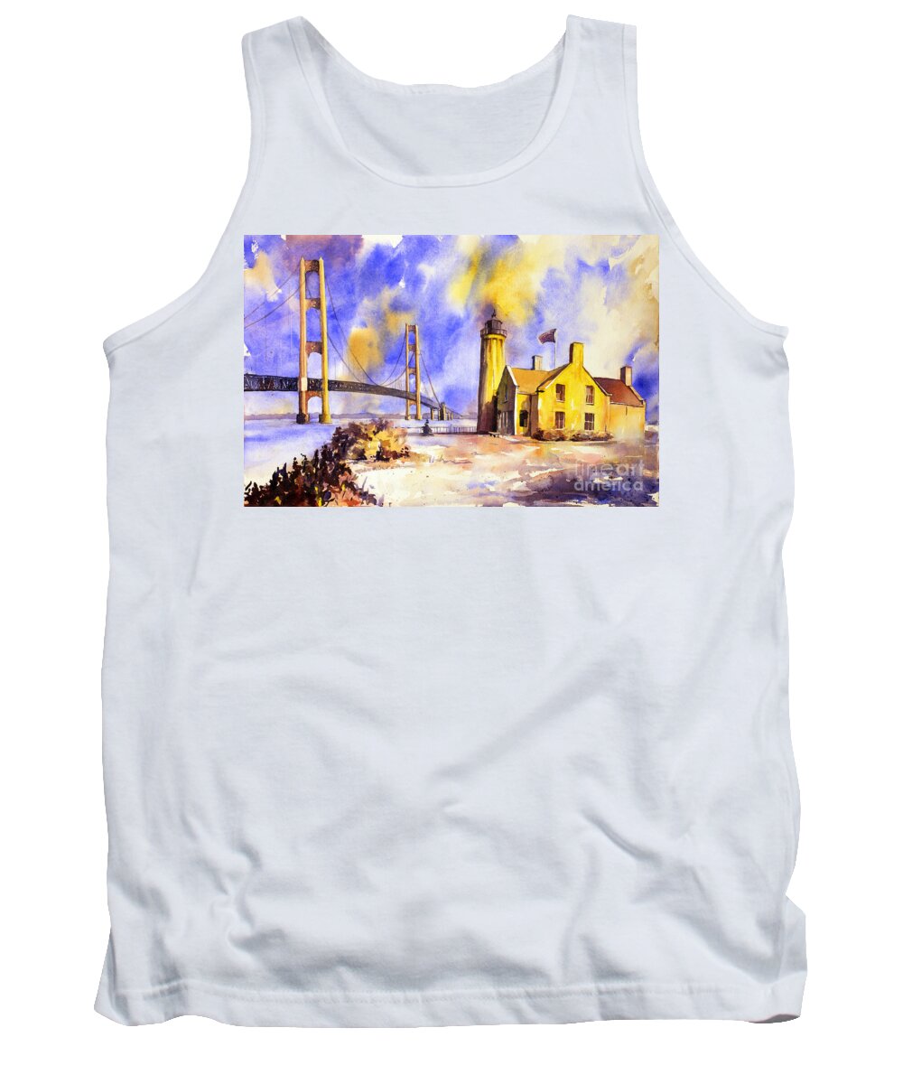 American Watercolor Society Tank Top featuring the painting Watercolor painting of ligthouse on Mackinaw Island- Michigan by Ryan Fox