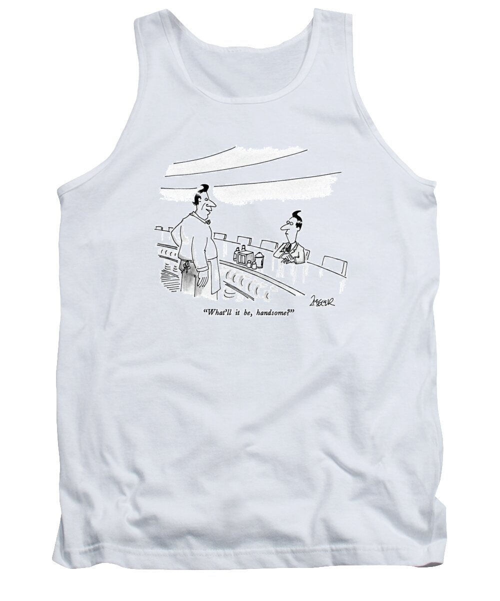 

 Man Behind Counter To Customer Who Looks Exactly Like Him. Vanity Tank Top featuring the drawing What'll by Jack Ziegler