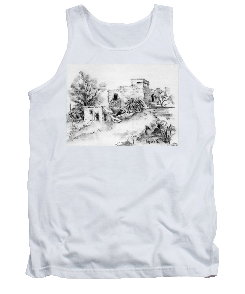 Hirbe Tank Top featuring the painting Hirbe landscape in Afek black and white old building ruins trees bricks and stairs by Rachel Hershkovitz
