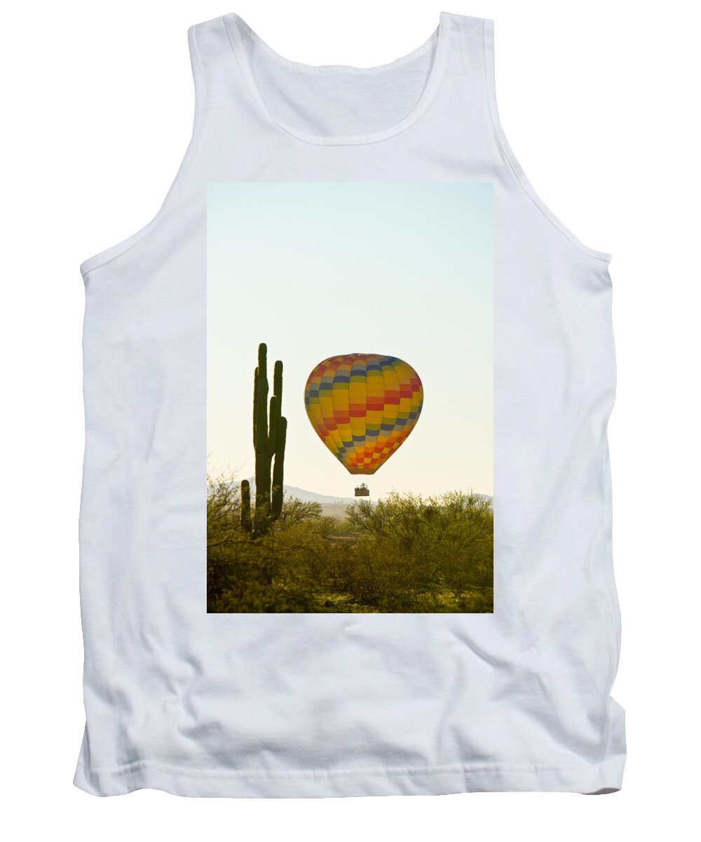 Arizona Tank Top featuring the photograph Hot Air Balloon In the Arizona Desert With Giant Saguaro Cactus by James BO Insogna