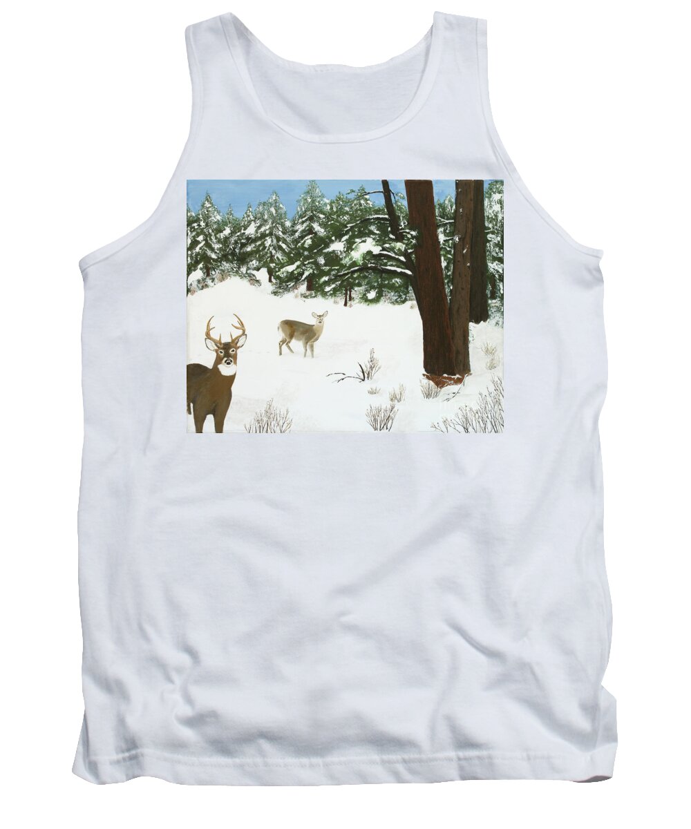 Winterscape Tank Top featuring the painting Wintering Whitetails by L J Oakes