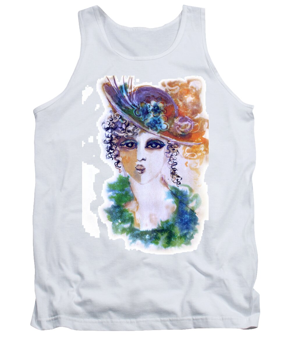 Young Tank Top featuring the painting Young woman face with curls in blue green dress purple hat with flower by Rachel Hershkovitz