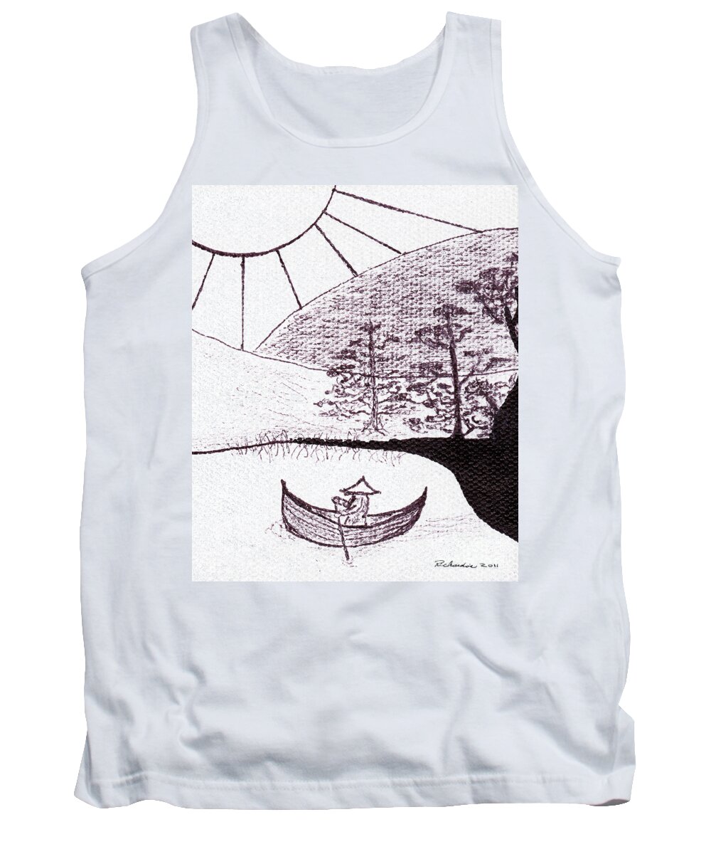 Abstract Tank Top featuring the painting Zen Sumi Asian Lake Fisherman Black Ink on White Canvas by Ricardos Creations