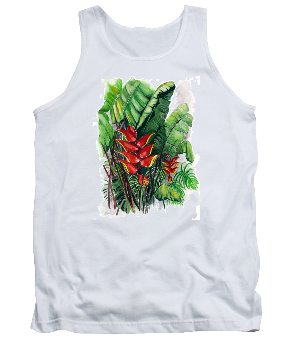 Heliconia Painting Rainforest Painting Musa Painting Botanical Painting Flower Painting Floral Painting Greeting Card Painting Tropical Painting Caribbean Painting Island Painting Red Painting Tank Top featuring the painting Tiger Claw .. Heliconia by Karin Dawn Kelshall- Best