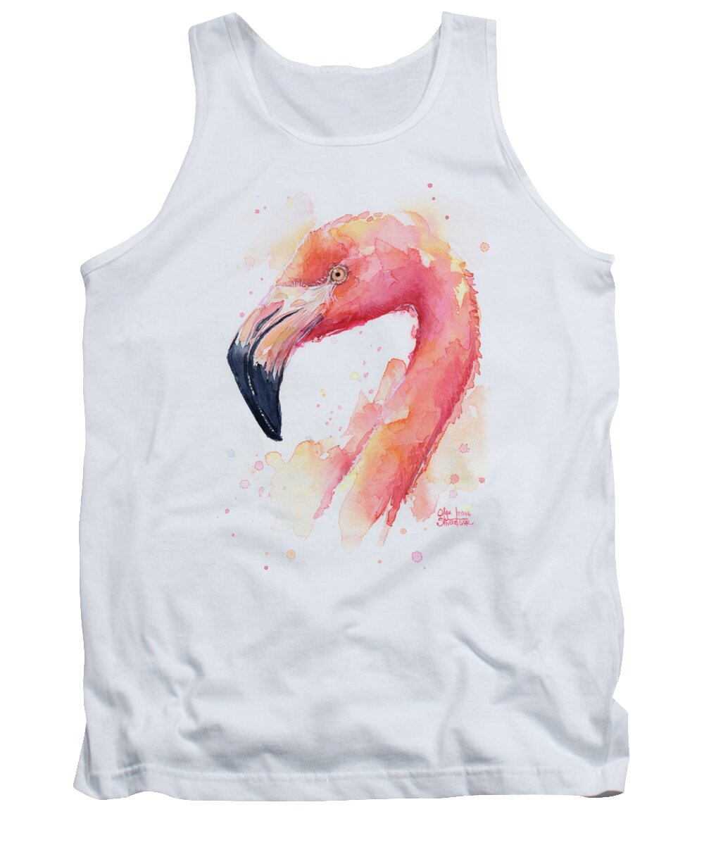 Pink Tank Top featuring the painting Flamingo Watercolor #2 by Olga Shvartsur