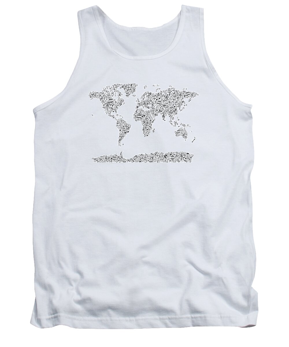 World Map Tank Top featuring the digital art Music Notes Map of the World #1 by Michael Tompsett