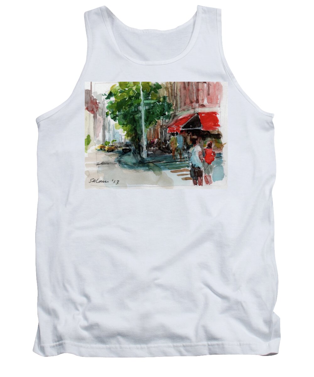 New York Landscape Tank Top featuring the painting Streetscape With Red Awning - 82nd Street Market #1 by Peter Salwen