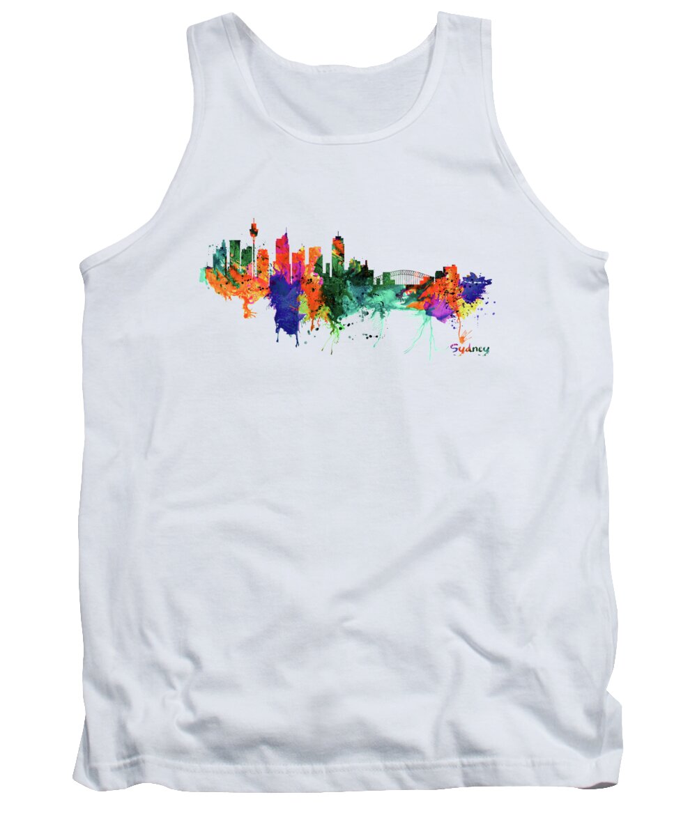Marian Voicu Tank Top featuring the painting Sydney Watercolor Skyline #2 by Marian Voicu