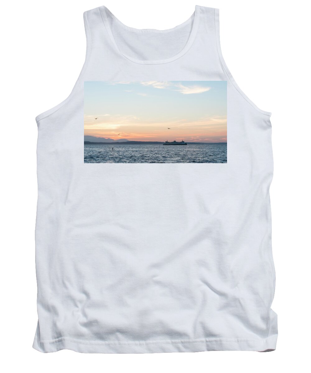 Sunset; Twilight; Puget Sound; Ferry; Paddler; Alki Beach; Outdoor; Landscape; Tank Top featuring the digital art Twilight in Puget Sound #2 by Michael Lee