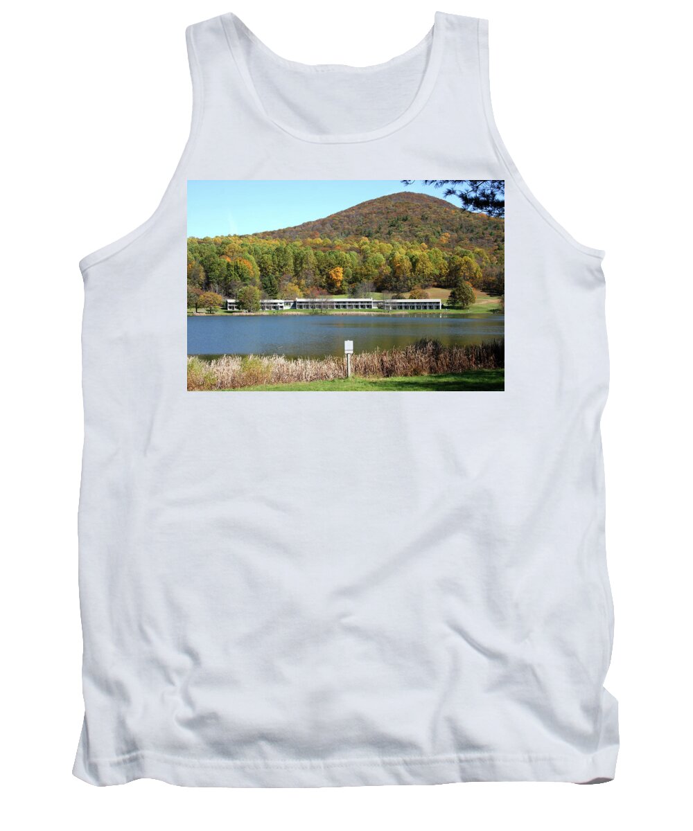 Lake Tank Top featuring the photograph View of Peaks of Otter lodge and Abbott Lake in autumn #1 by Emanuel Tanjala