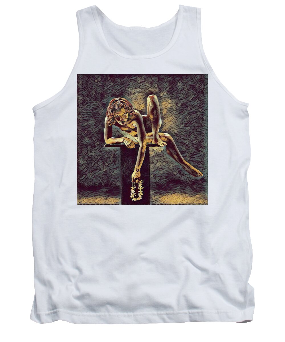 Fine Art Nude Tank Top featuring the digital art 1003s-ZAC Necklace of Bones Held by Beautiful Nude Dancer by Chris Maher
