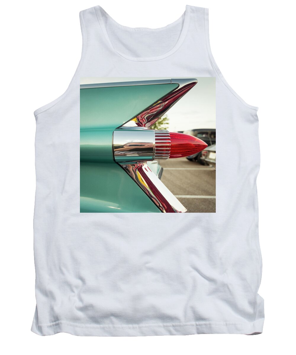 1950s Tank Top featuring the photograph 1959 Cadillac Sedan Deville Series 62 Tail Fin by Jon Woodhams
