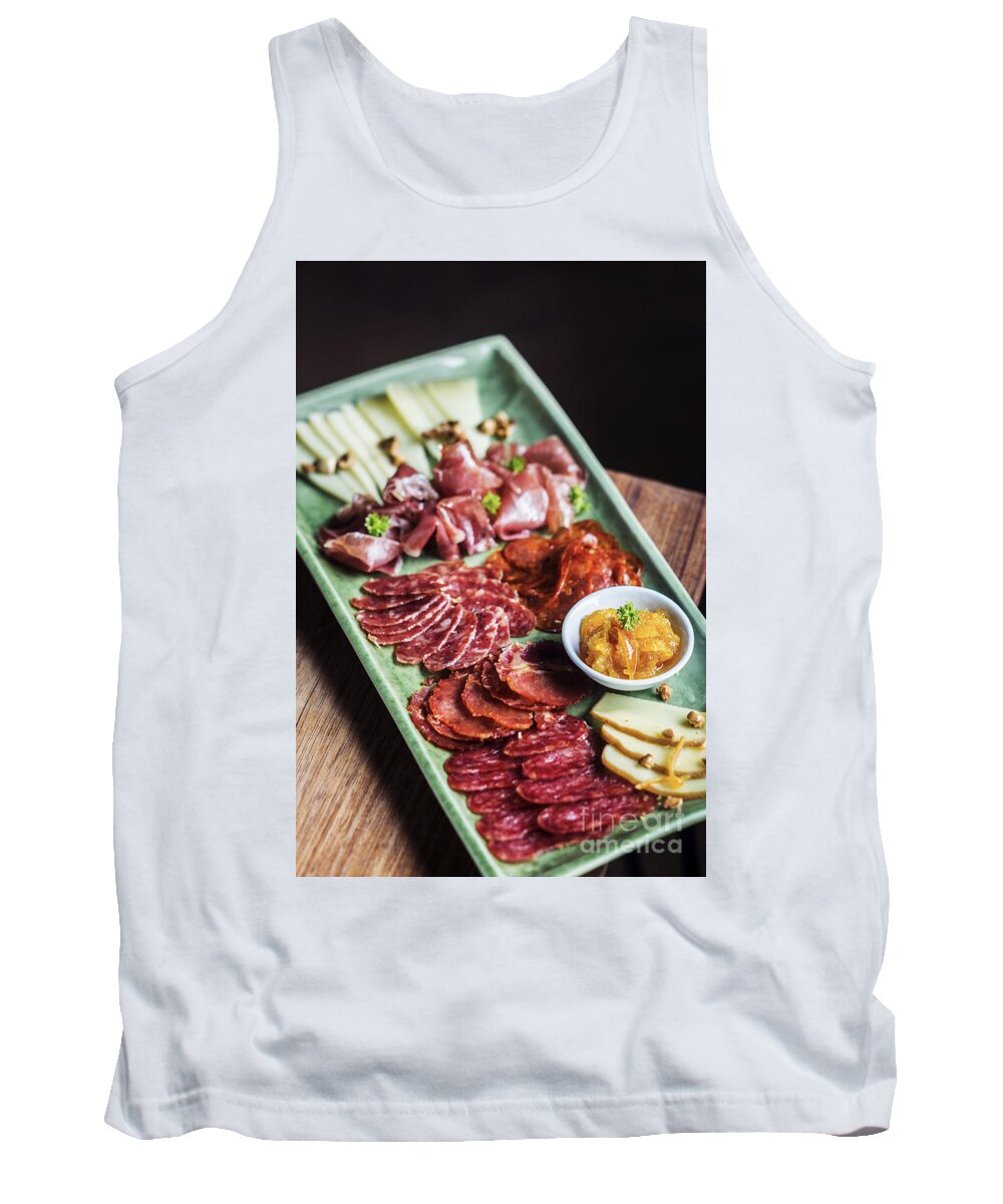 Charcuterie Tank Top featuring the photograph Spanish Smoked Meats Ham And Cheese Platter Starter Dish #2 by JM Travel Photography