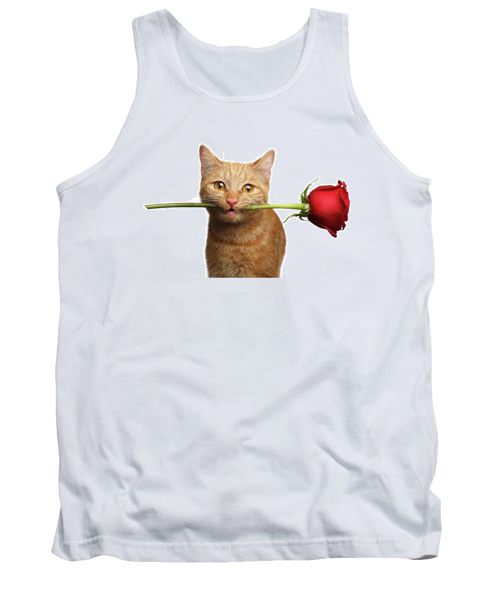 Cat Tank Top featuring the photograph Portrait of ginger cat brought rose as a gift by Sergey Taran