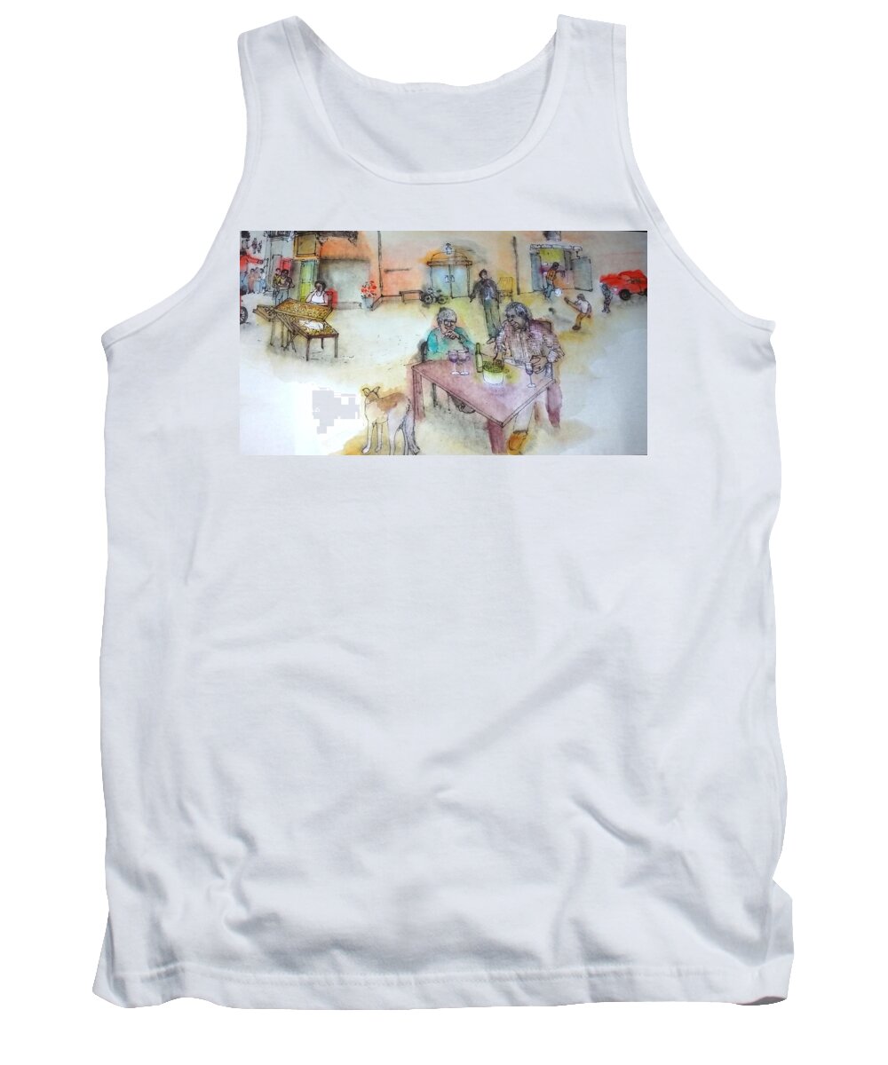 Italy. Cityscape. Figures. Dog. Children Tank Top featuring the painting Italy love scroll #5 by Debbi Saccomanno Chan