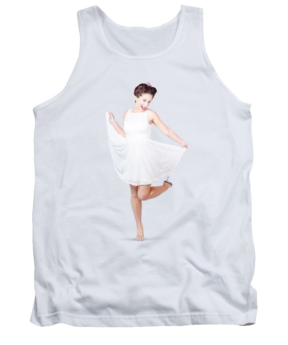 Pin-up Tank Top featuring the photograph 50s Pinup Woman In White Dress Dancing by Jorgo Photography