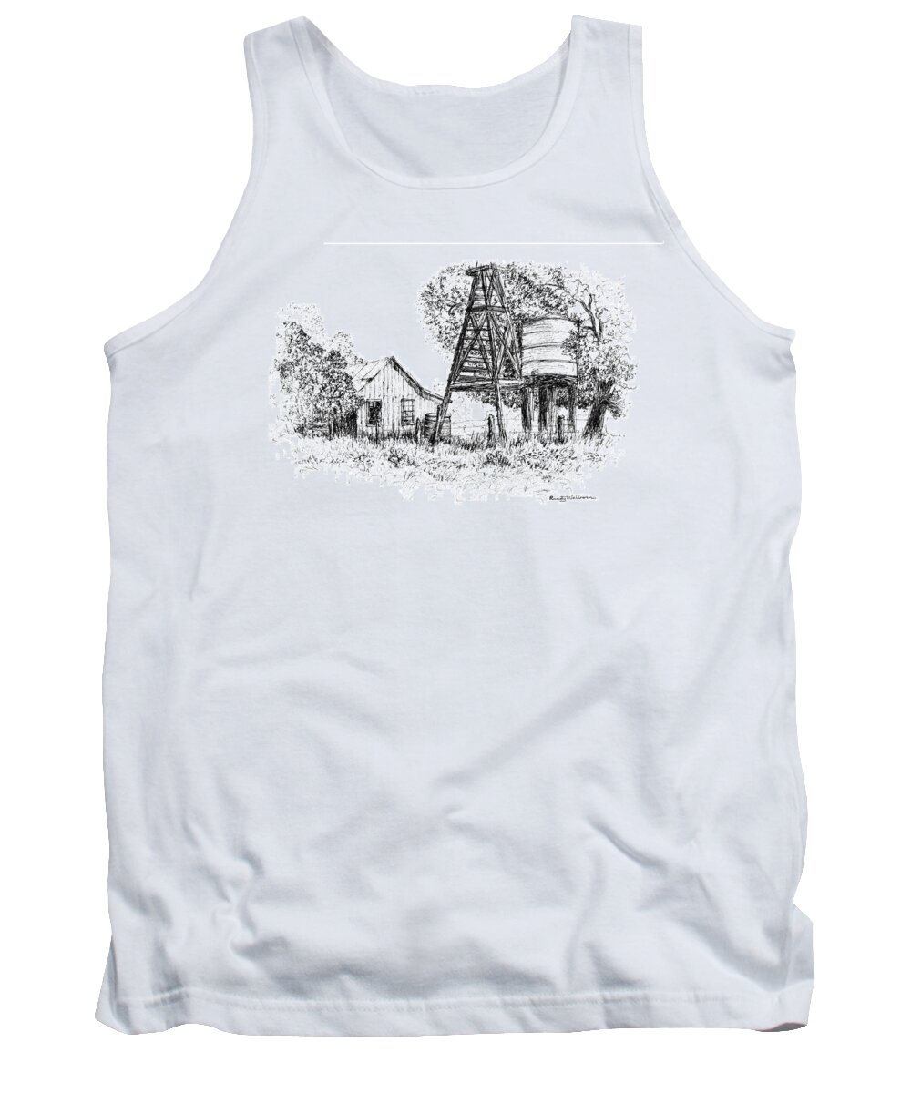 Schroeder Tank Top featuring the drawing A Farm in Schroeder by Randy Welborn