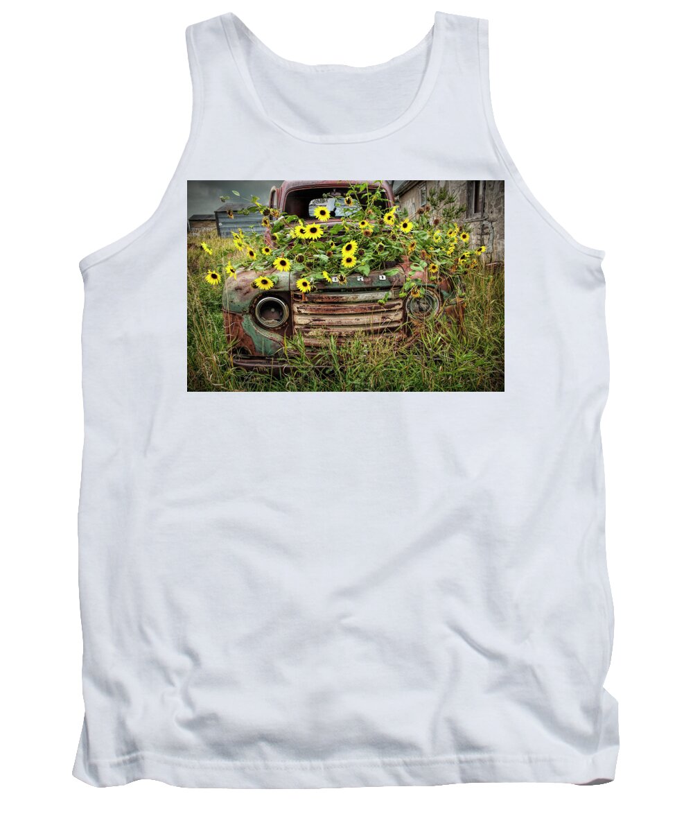 Art Tank Top featuring the photograph Abandoned Old Ford Truck with Yellow Flowers in the Ghost Town by Okaton South Dakota by Randall Nyhof
