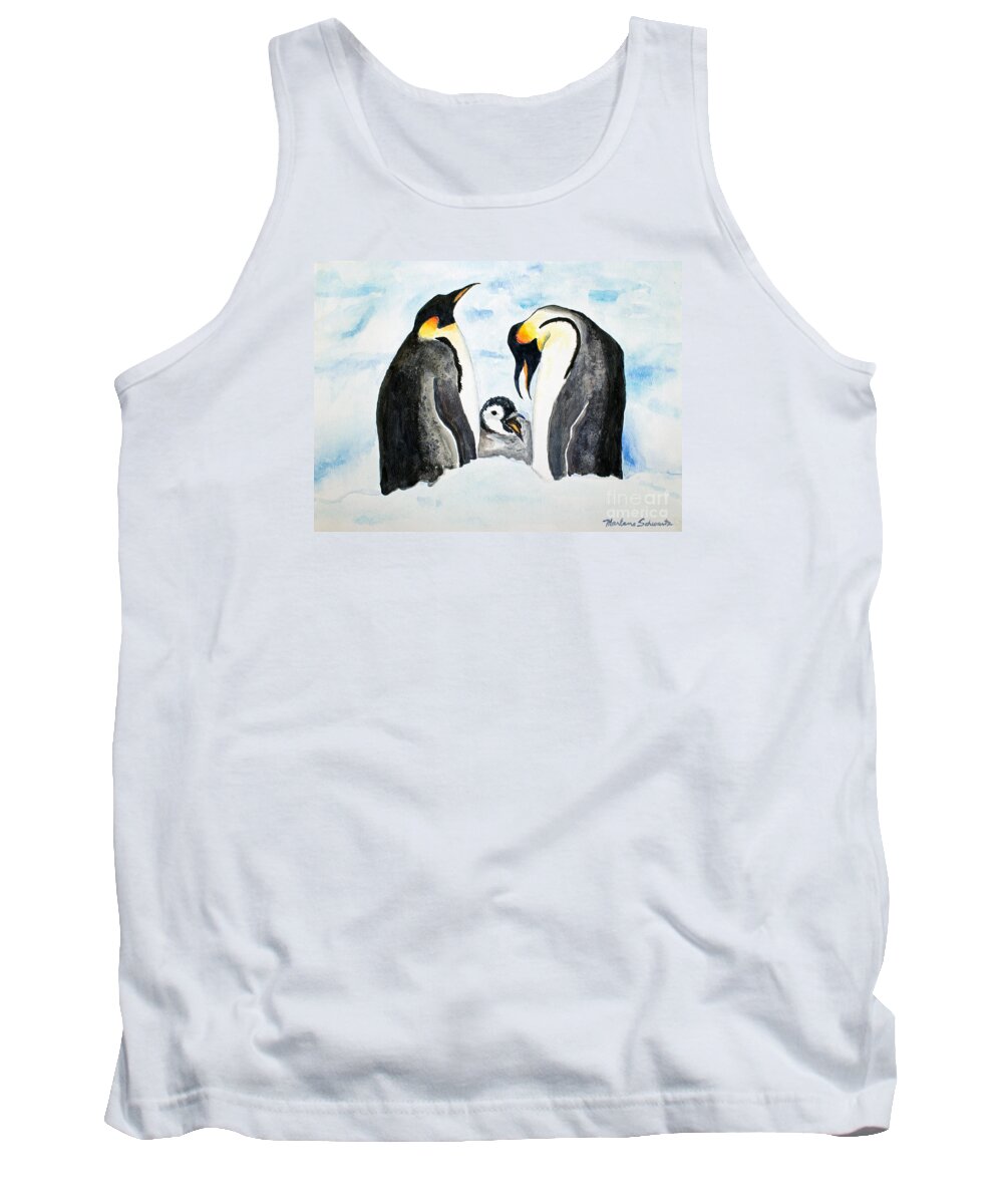 Penguin Tank Top featuring the painting And Baby Makes Three by Marlene Schwartz Massey