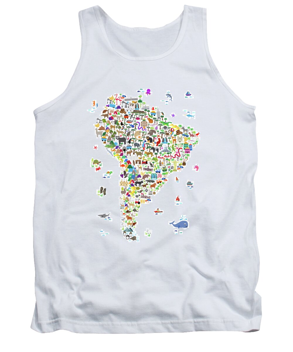 South America Map Tank Top featuring the digital art Animal Map of South America for children and kids by Michael Tompsett